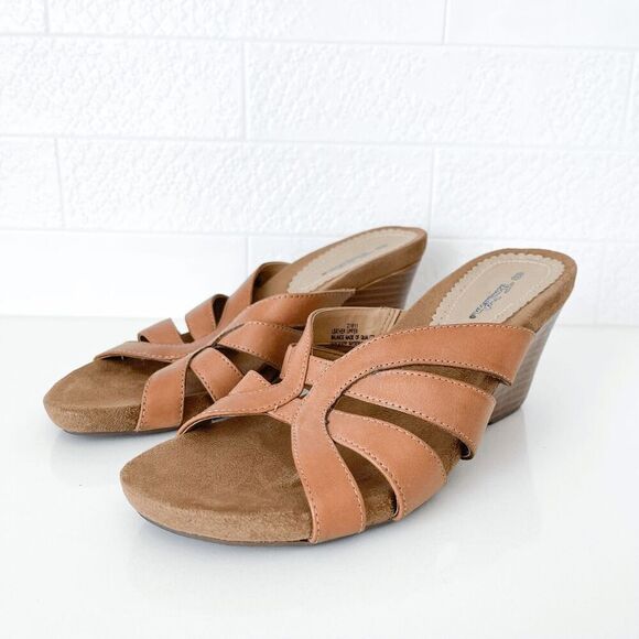 Thom McAn Womens Cross Wave Leather Studded Wedge Slide Sandals Brown Size 8 - Picture 2 of 7